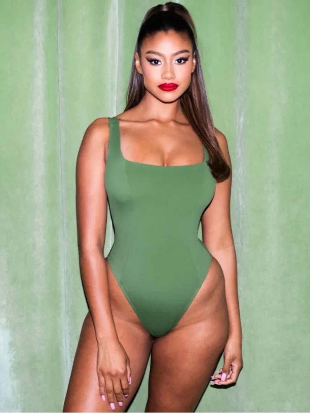 Sleek One-Shoulder Olive Green One-Piece Swimsuit